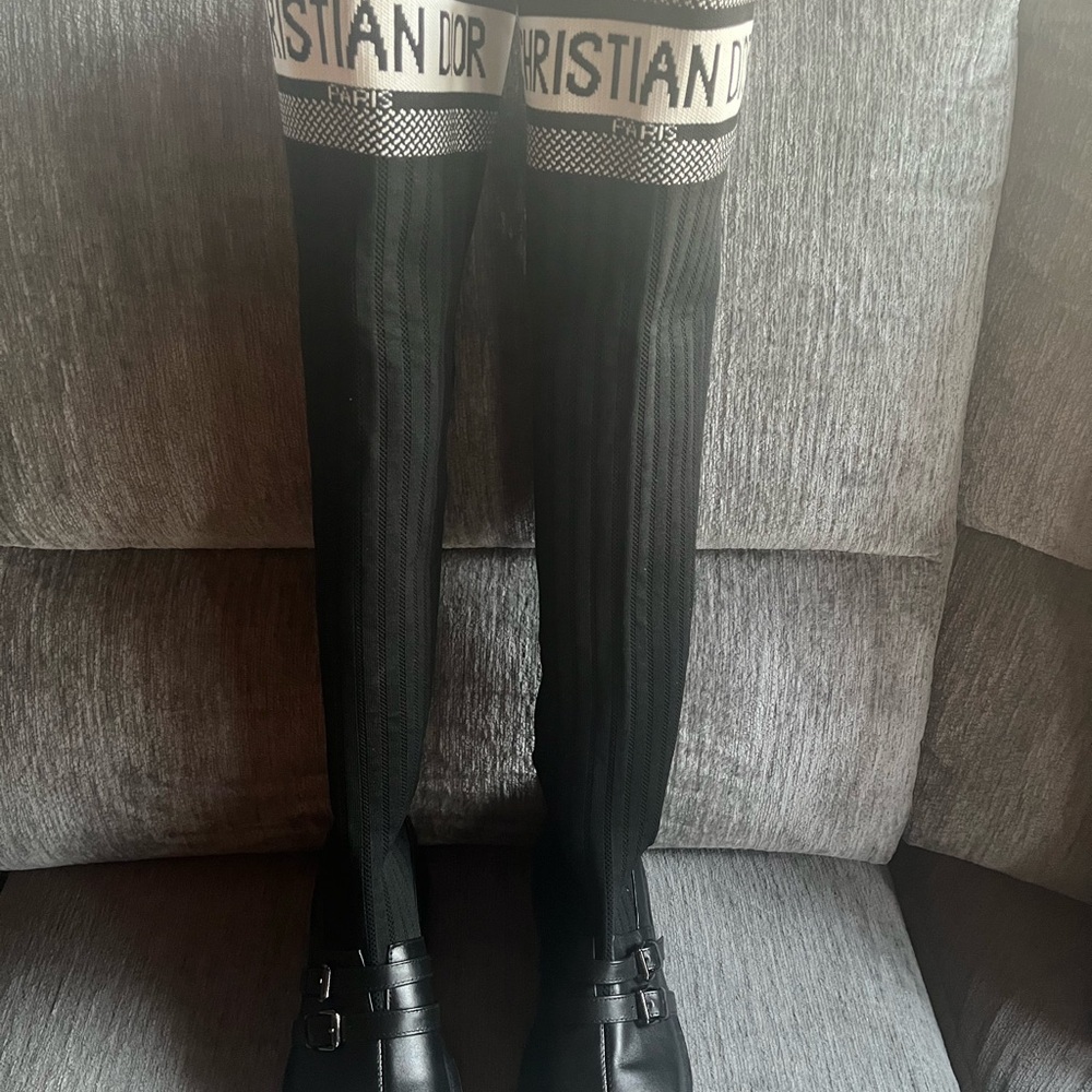 Christian Dior Black Leather Knit Sock Boots Women Size 39 Luxury Designer Boots